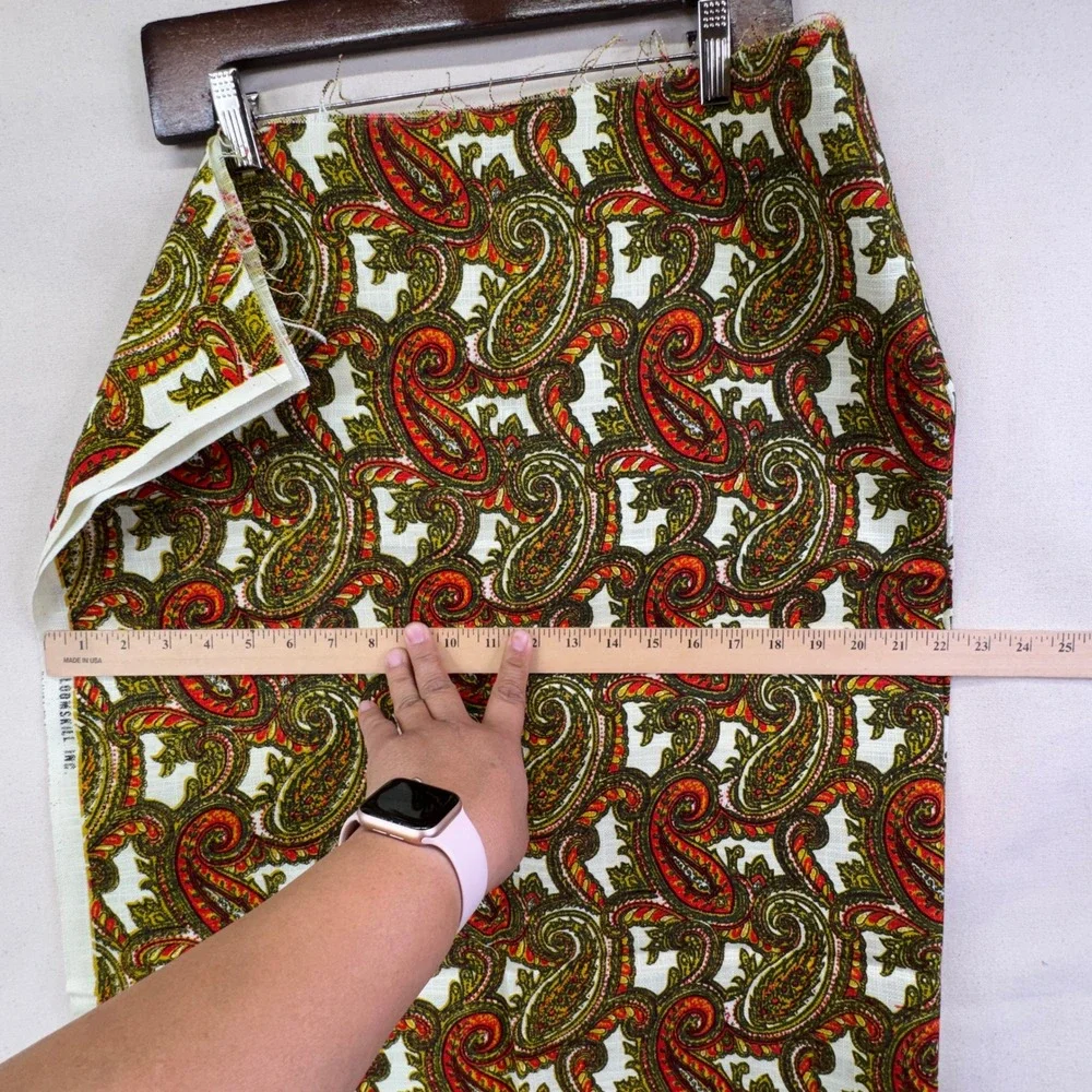 Loomskill Vintage Paisley Fabric 1 Yard Orange Green Retro Boho Mid Century